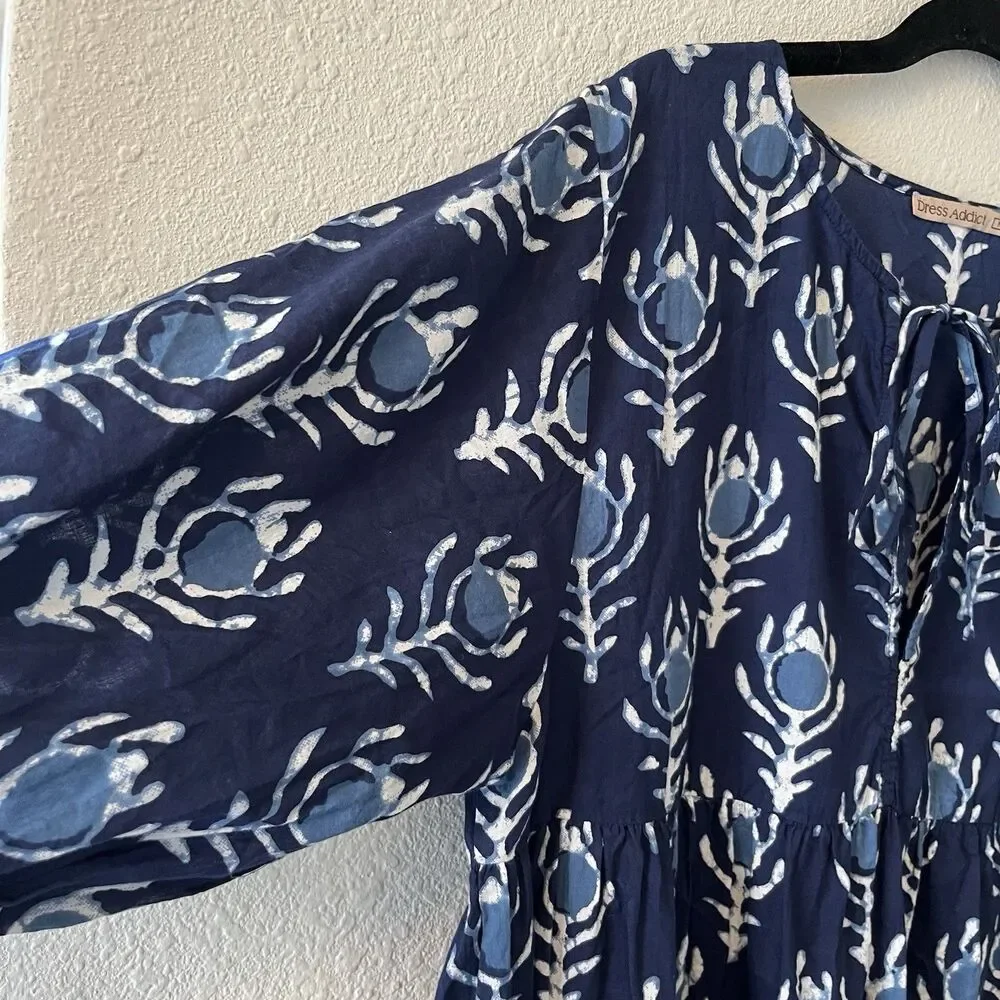 Dress Addict Women's Mini Dress Size Med Blue Batik Tiered Boho Puff Sleeve Chic - Picture 6 of 16